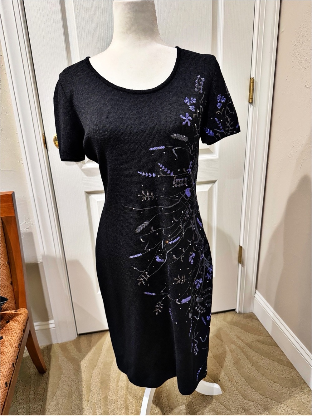NWT St John Evening Black Dress with Elegant Purple Embroidery